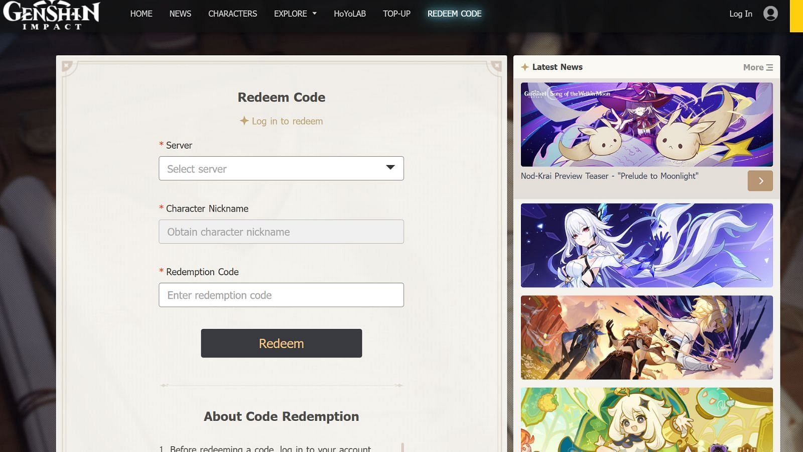 Here's how to redeem the Genshin Impact 5.8 livestream codes on HoYoverse's official website (Image via HoYoverse)